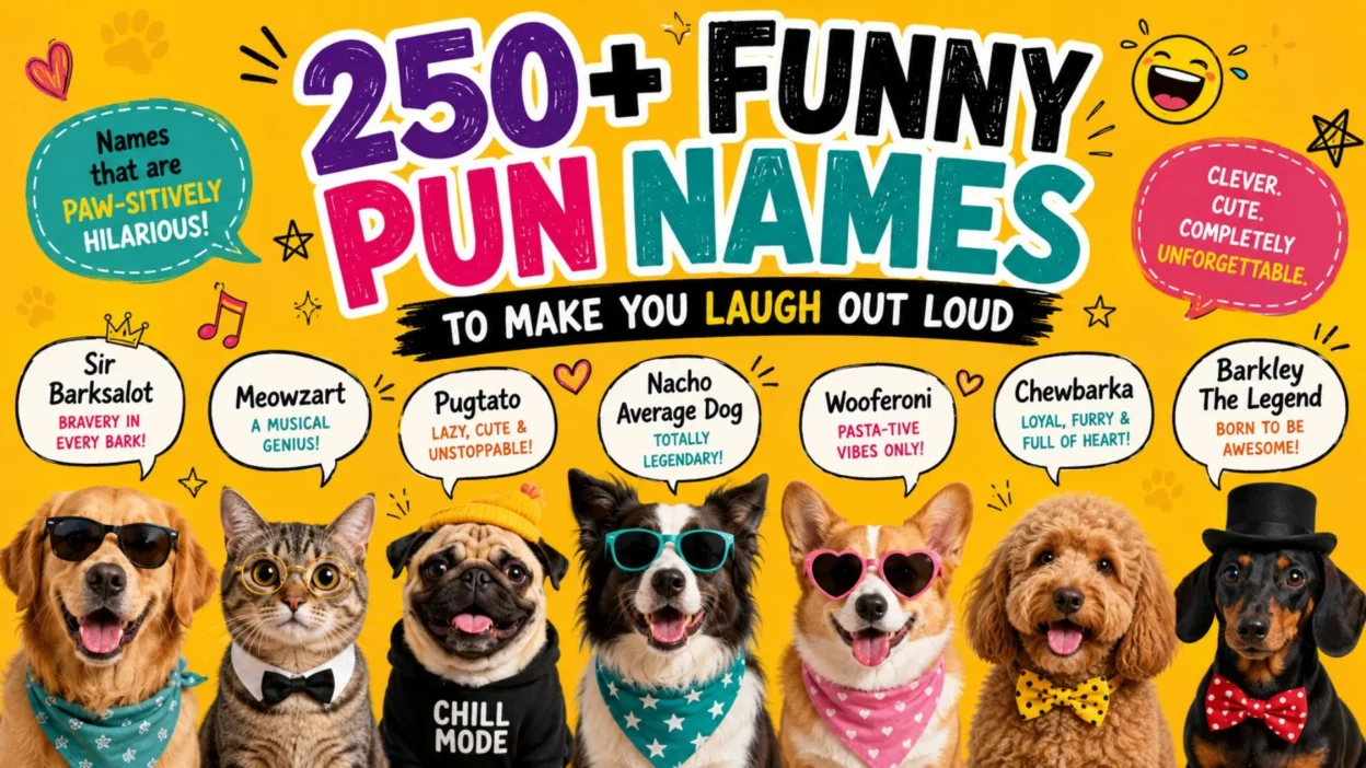 250+ funny pun names poster with playful animal characters and silly name ideas