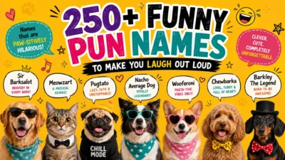 250+ funny pun names poster with playful animal characters and silly name ideas