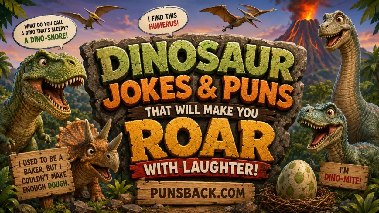 Dinosaur jokes and puns poster with funny cartoon dinosaurs and playful prehistoric humor