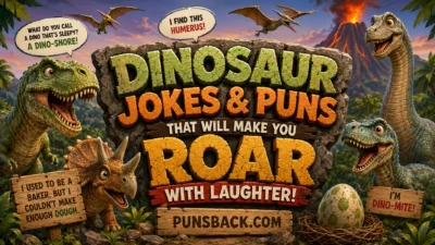 Dinosaur jokes and puns poster with funny cartoon dinosaurs and playful prehistoric humor