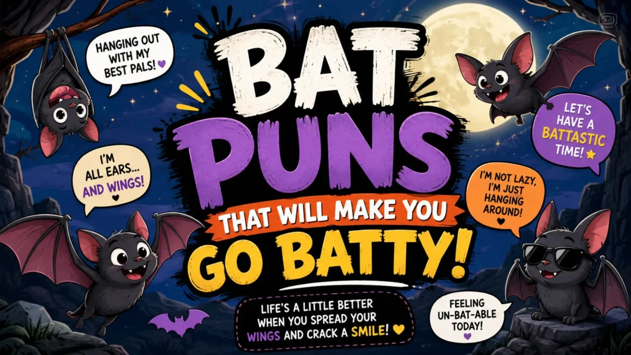 Bat puns cartoon with cute bats, moonlit night, and funny batty wordplay