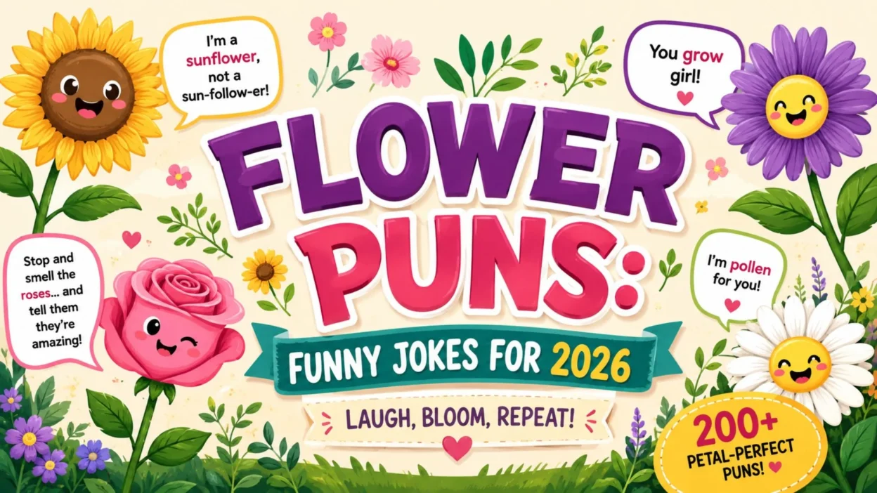 Colorful flower puns poster with funny jokes, smiling flowers, and “Funny Jokes for 2026” text