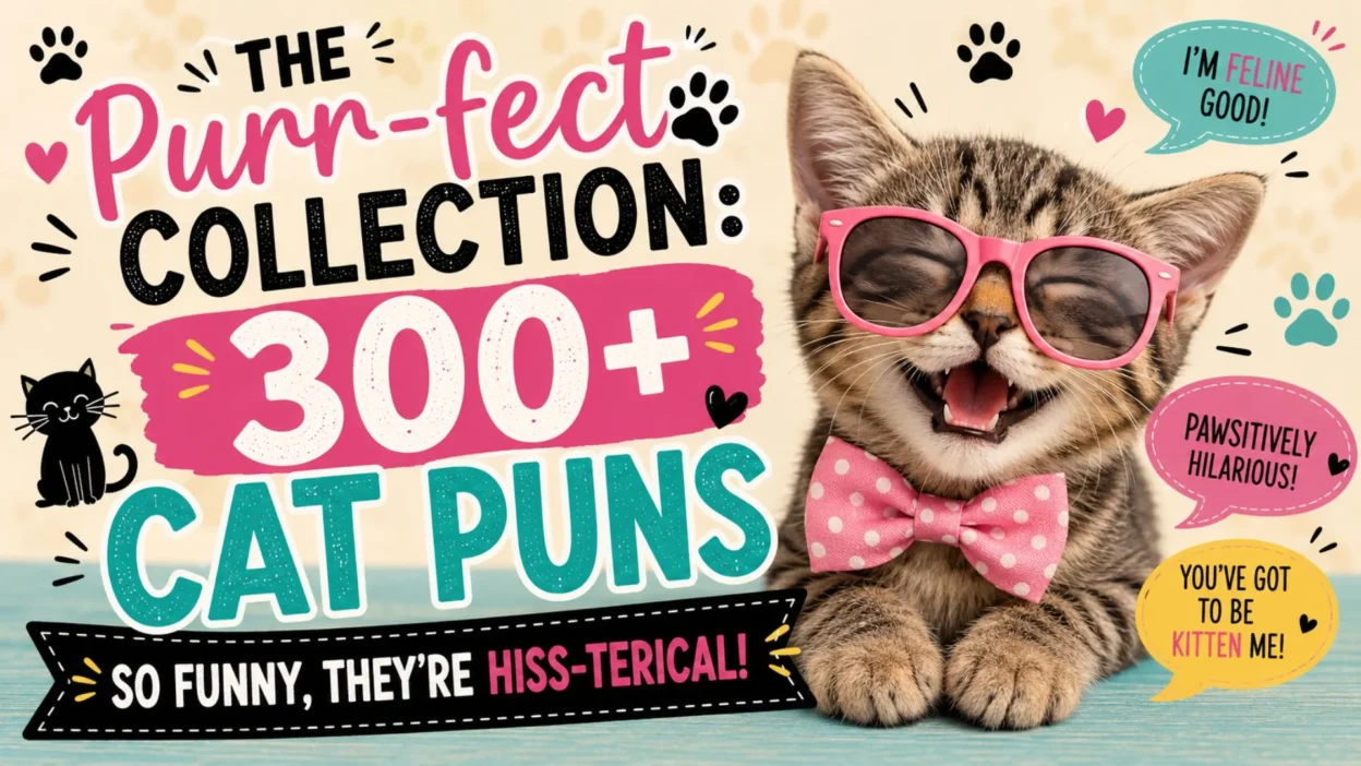 Tabby kitten in sunglasses and bow tie with colorful cat pun banner and speech bubbles