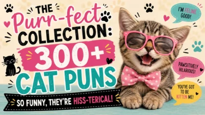 Tabby kitten in sunglasses and bow tie with colorful cat pun banner and speech bubbles