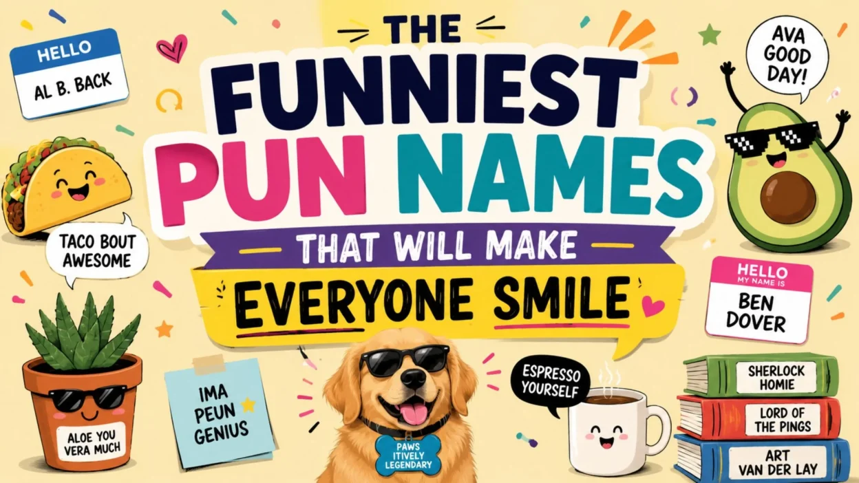 Funny pun names poster with playful food, pet, plant, avocado, coffee, and book characters
