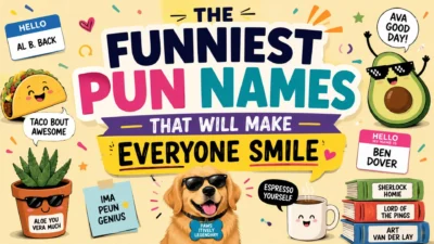 Funny pun names poster with playful food, pet, plant, avocado, coffee, and book characters