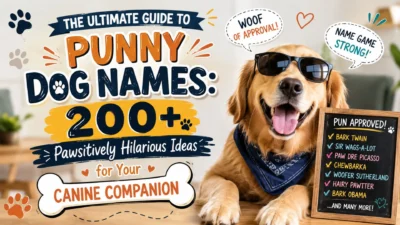 Punny dog names guide featuring a golden retriever with 200+ funny and creative canine name ideas