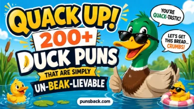 200+ funny duck puns graphic with cartoon ducks by a sunny pond