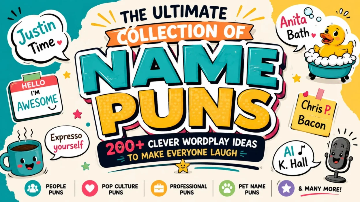Colorful name puns graphic featuring 200+ clever wordplay ideas with funny examples and playful cartoon illustrations.