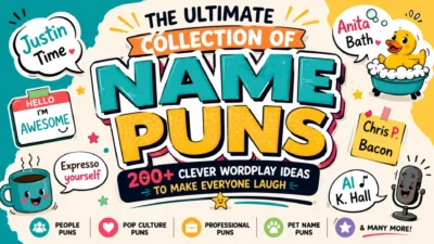 Colorful name puns graphic featuring 200+ clever wordplay ideas with funny examples and playful cartoon illustrations.