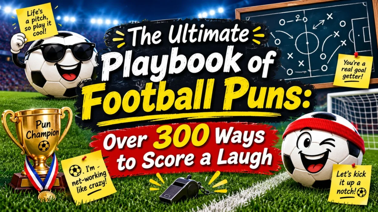 Football puns playbook featuring 300+ funny soccer jokes, a cheerful ball mascot, trophy, and stadium