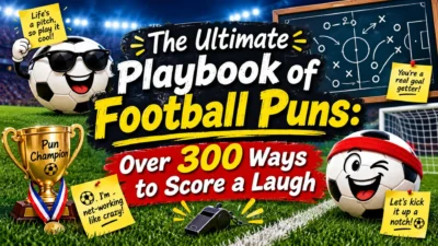 Football puns playbook featuring 300+ funny soccer jokes, a cheerful ball mascot, trophy, and stadium
