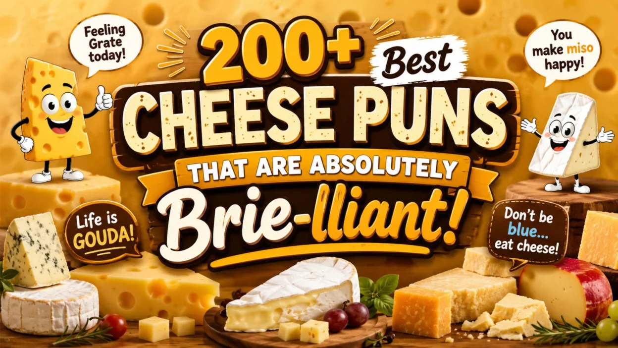 200+ best cheese puns with playful cartoon cheese characters and colorful cheese-themed lettering