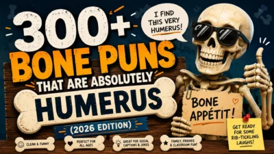 300+ funny bone puns graphic with a smiling skeleton in sunglasses and humorous bone-themed text