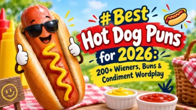 Best hot dog puns for 2026 with a fun hot dog, ketchup, mustard, buns, and condiment wordplay
