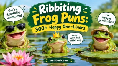 Ribbiting frog puns with three cheerful frogs on lily pads and 300+ hoppy one-liners