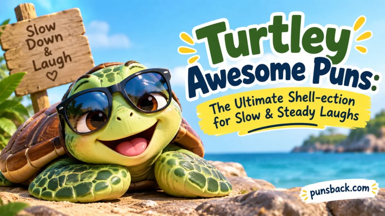 Turtley awesome turtle puns graphic with a smiling turtle, ocean backdrop, and funny shell-themed title