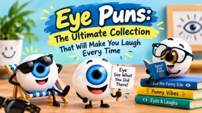 Eye puns cartoon characters with glasses, joke signs, and playful eye-themed decorations