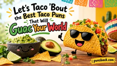 Colorful taco puns graphic with a smiling taco, guacamole, avocado, and festive Mexican-inspired decor