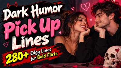 Dark humor pick up lines featuring a playful couple, neon hearts, and 280+ edgy lines for bold flirts