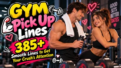 Gym pick up lines featuring a smiling fitness couple, workout equipment, and 385+ smooth lines to attract your crush