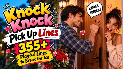 Knock knock pick up lines featuring a smiling couple, romantic roses, and 355+ playful lines to break the ice