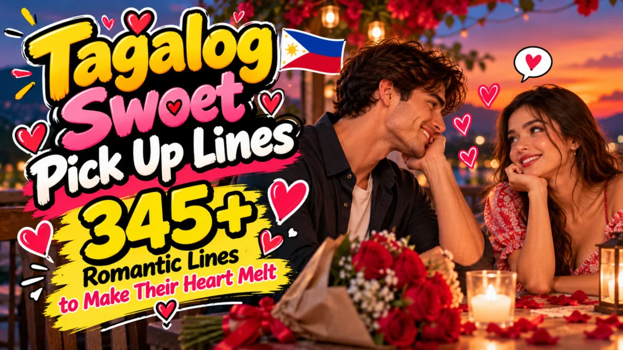 Tagalog sweet pick up lines featuring a romantic couple, Filipino flag, red roses, and 345+ heartfelt lines